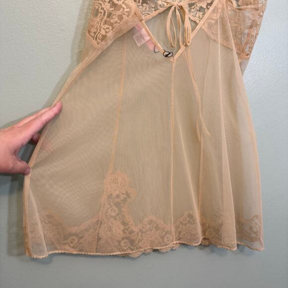 Victoria’s Secret Slip Babydoll Lingerie Womens M Tan Floral Lace Sheer Bridal - Picture 5 of 9